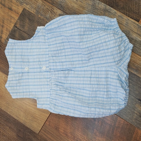 Parisian Bebe Blue and White Plaid Romper with Embroidered Flowers, Size 6-9M - Picture 2 of 7